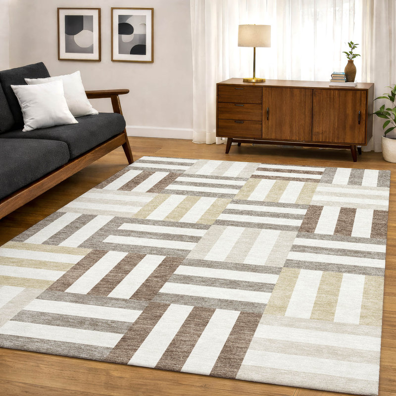 Premium Machine Washable Mayfield AMF2332 Geometric Rug, Ivory, 5' x 7'6"