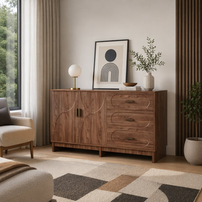 47.2" Buffet Sideboard with 2 Doors and 3 Drawers, Walnut Storage Cabinet with Oval Grain Texture, Farmhouse Credenza