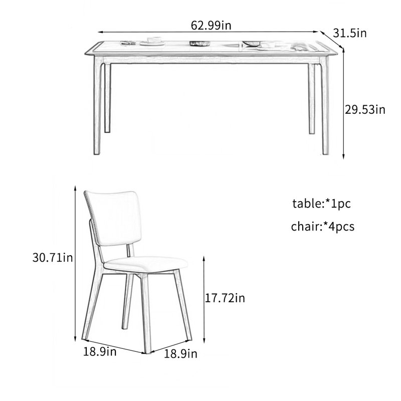 Ensemble de table de salle à manger en bois massif., H 29,53 po x L 62,99 po x l 31,5 po