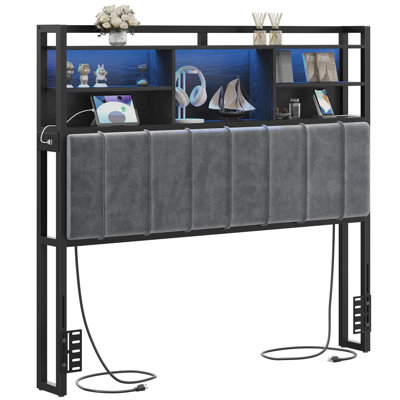 Headboard with 3-Tier Storage Shelves, Velvet Upholstered Head Board with 2 Outlets, USB Ports & LED Light, Soft Backrest
