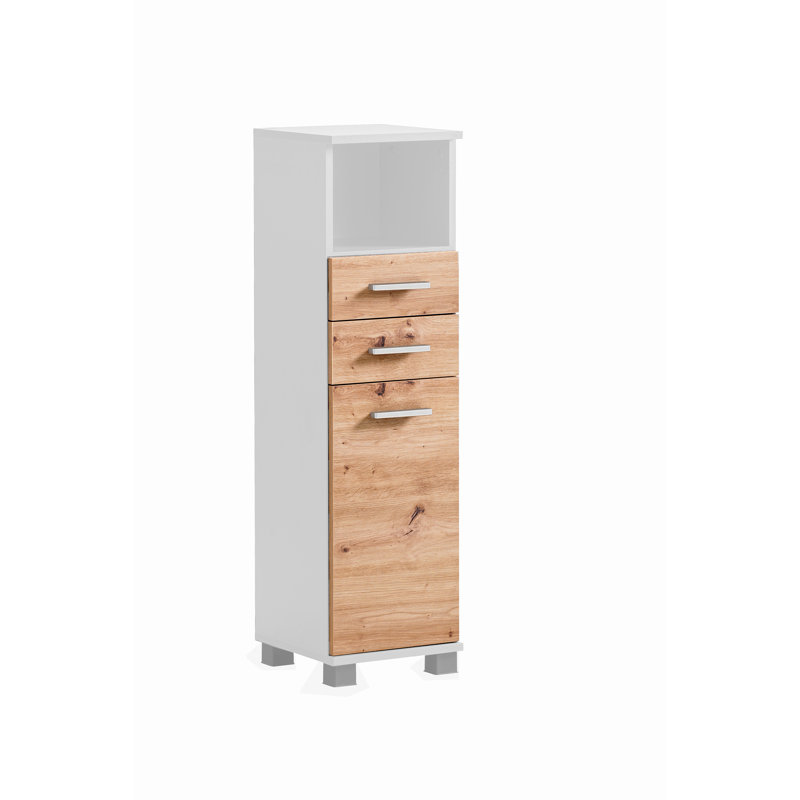 Hafley Freestanding Bathroom Cabinet, Matte White/Artisan Oak Decor/Silver