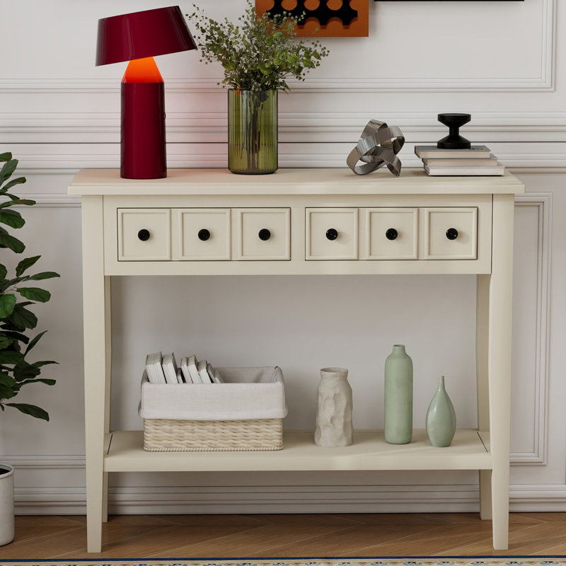 Table d'entrée avec 2 tiroirs, console rustique avec tablette ouverte et pieds en bois d'hévéa pour les entrées, les salons et les couloirs