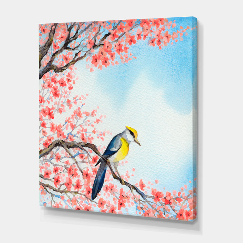 Bel oiseau rouge sur une branche en fleurs I - peinture sur toile, Toile tendue, H 32 po x l 16 po x P 1 po