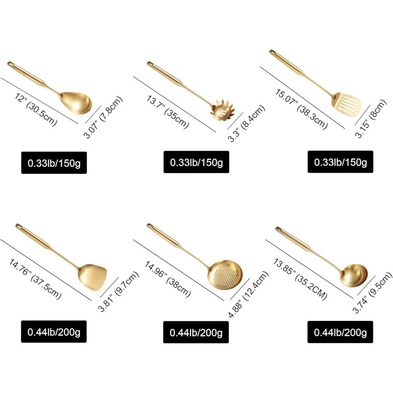 Ensemble d'ustensiles de cuisine professionnel en acier inoxydable - 6 pièces avec longues poignées, Doré