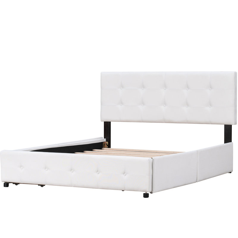 Upholstered Platform Bed Queen White With 4 Drawers And Comfortable Headboard, No Box Spring, Linen Upholstery, Construction In For Size, Roomy Contemporary Spring Requirement, Fabric, Stable Support