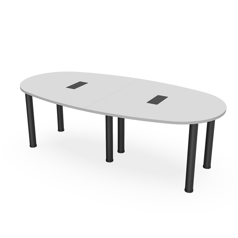 Table de réunion ovale en forme de bateau avec pieds de poteau électriques et données, Noir mat, Brouillard gris