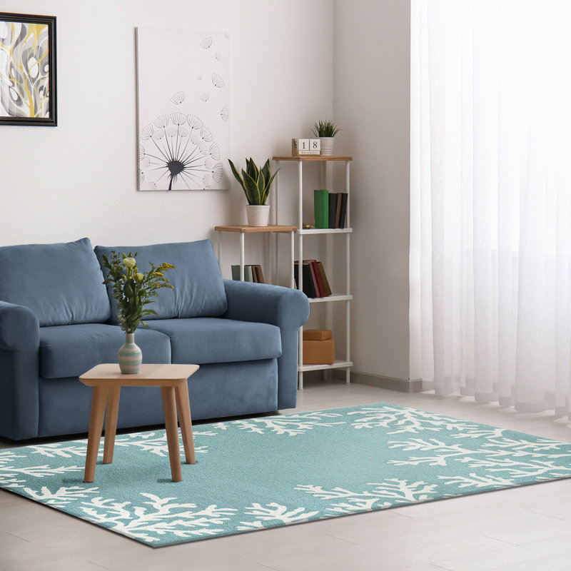 Tapis bleu / blanc en polyester touffeté à la main Alime, Rectangle 8 pi 3 po x 11 pi 6 po