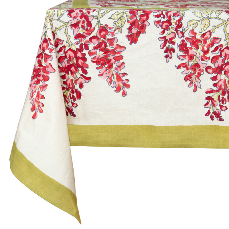 Wisteria Handmade Floral Tablecloth, 128" x 71", Pink/Green