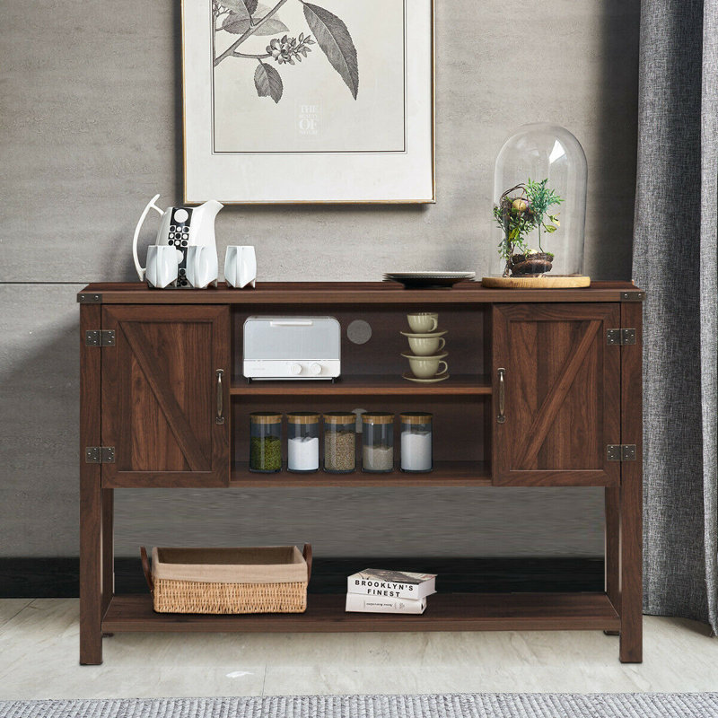 Brown Fir Wood Console Table with Cabinets and Shelves