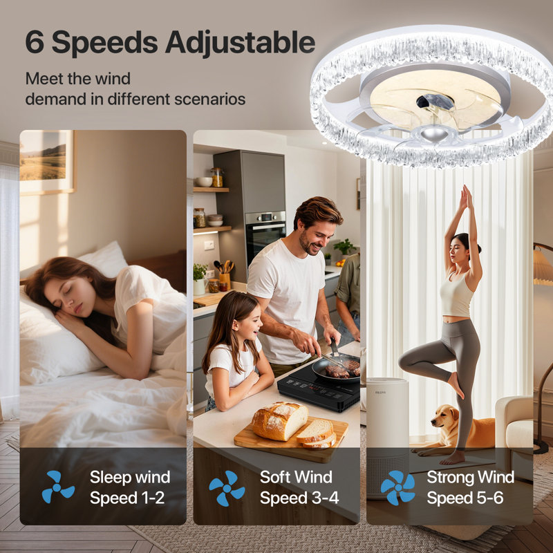 Télécommande et application pour ventilateur de plafond en cristal Glacier, moteur CC réversible à 6 vitesses 3CT, chambre à coucher / salon