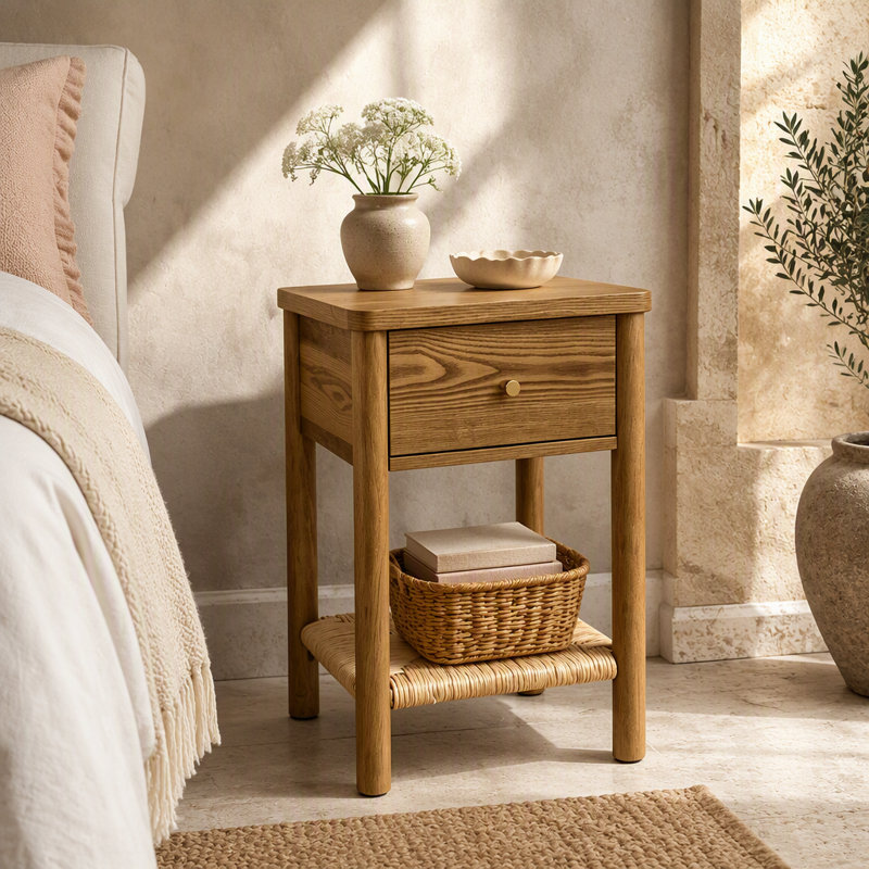 Table de chevet noyer brun avec coins arrondis, pieds en bois massif, tablette en jute et tiroir pour la chambre à coucher