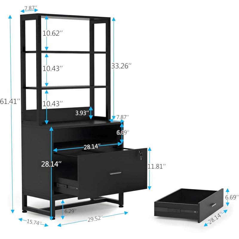 Spacious Filing Cabinet With Lockable Drawers And Open Bookcase For Office Organization, Black