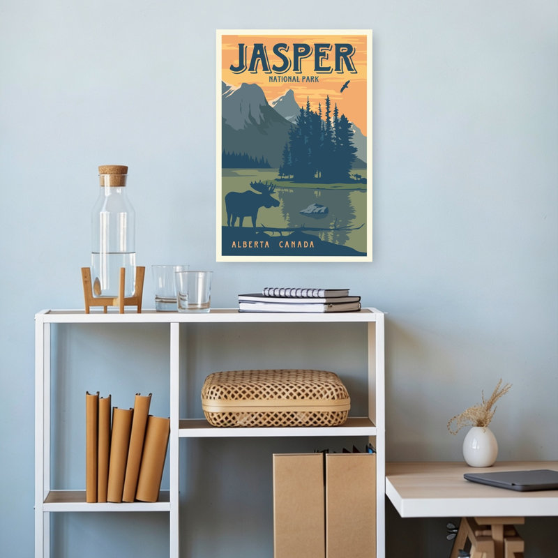 Tableau abstrait contemporain au coucher du soleil sur le lac Jasper Moose, représentant un paysage d'oiseaux et d'animaux.