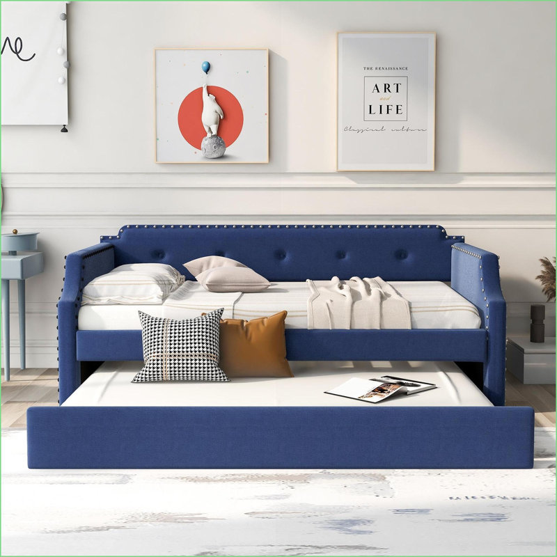 Twin Size Upholstered Daybed with Trundle, Linen &amp; MDF Frame, Wood Slat Support, No Box Spring Needed, Blue –  for Guest Rooms &amp; Living Spaces