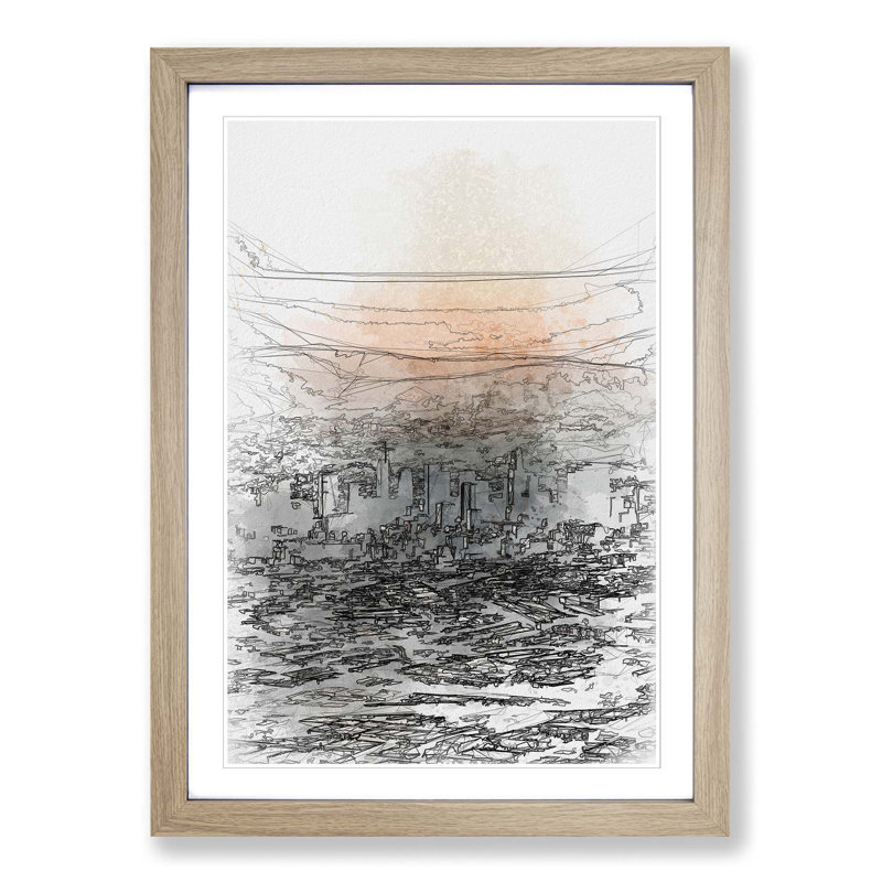 High over the Los Angeles Skyline in Abstract - Picture Frame Graphic Art Print, Oak Framed, 87cm H x 62cm W x 2cm D