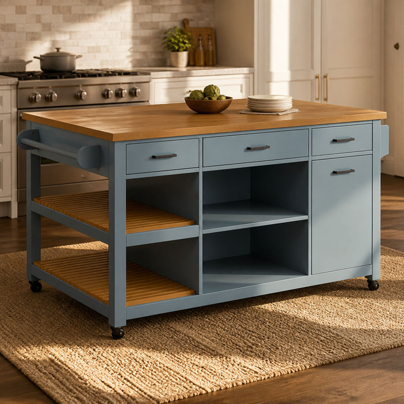 Îlot de cuisine avec chariot intégré de 132 cm de largeur, en MDF et bois d'hévéa, monobloc, bleu-gris, avec porte-serviettes et crochets intégrés.