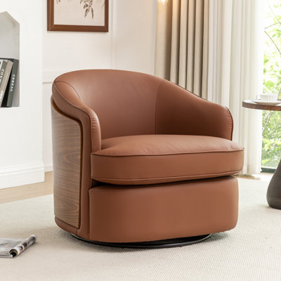 Wooden Vegan Leather Upholstered  Armchair  Swivel Barrel Chair