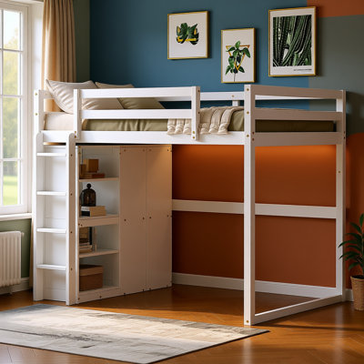 Full Size Wood Loft Bed with Built-In Wardrobe, 4-Tier Storage Shelves & LED Light | Solid Frame, Guardrails & Space-Saving Design