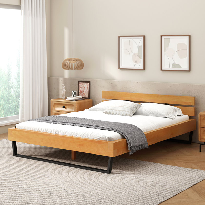Pine Wood Bed Frame Queen Size,Natural & Black Color, Queen
