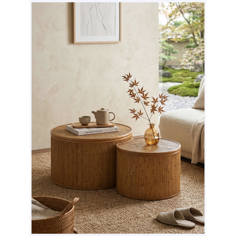 Ensemble de 2 tables basses 43,9 "en rotin rétro incrusté | Fonction de rangement, finition naturelle