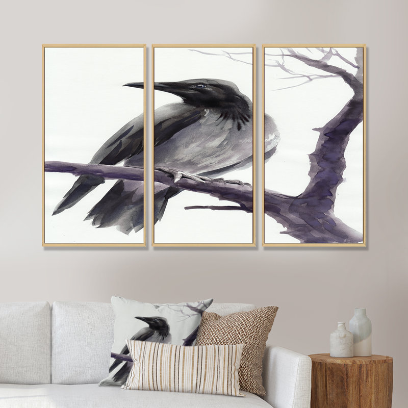 Big Crow on a Branch - 3 pièces, cadre flottant, impression sur toile, H 28 po x l 36 po, Cadre brun