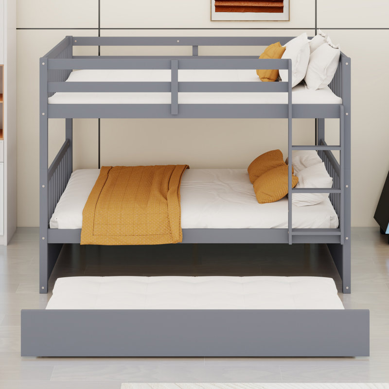 Bunk Bed With Trundle, Featuring Rubber Wood, Ladder And Guardrails, Gray
