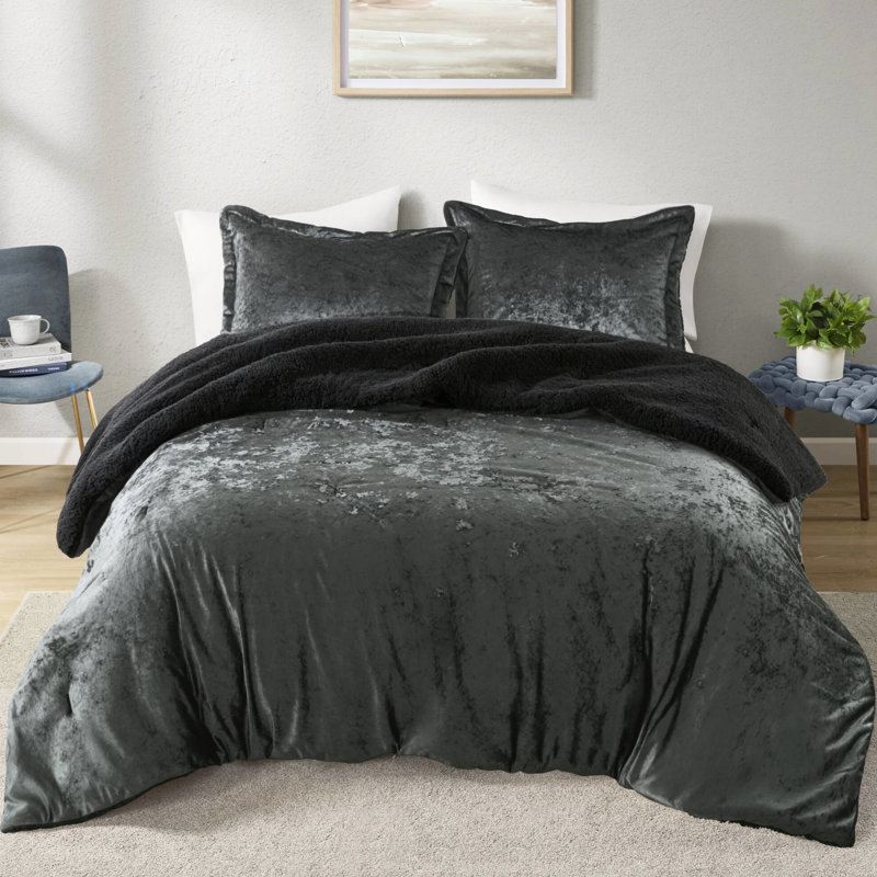 3 pièces, double / grand, velours froissé, édredon réversible, gris anthracite, rembourrage, - velours double / grand pour un côté doux et confortable, rembourré, lavable à la machine
