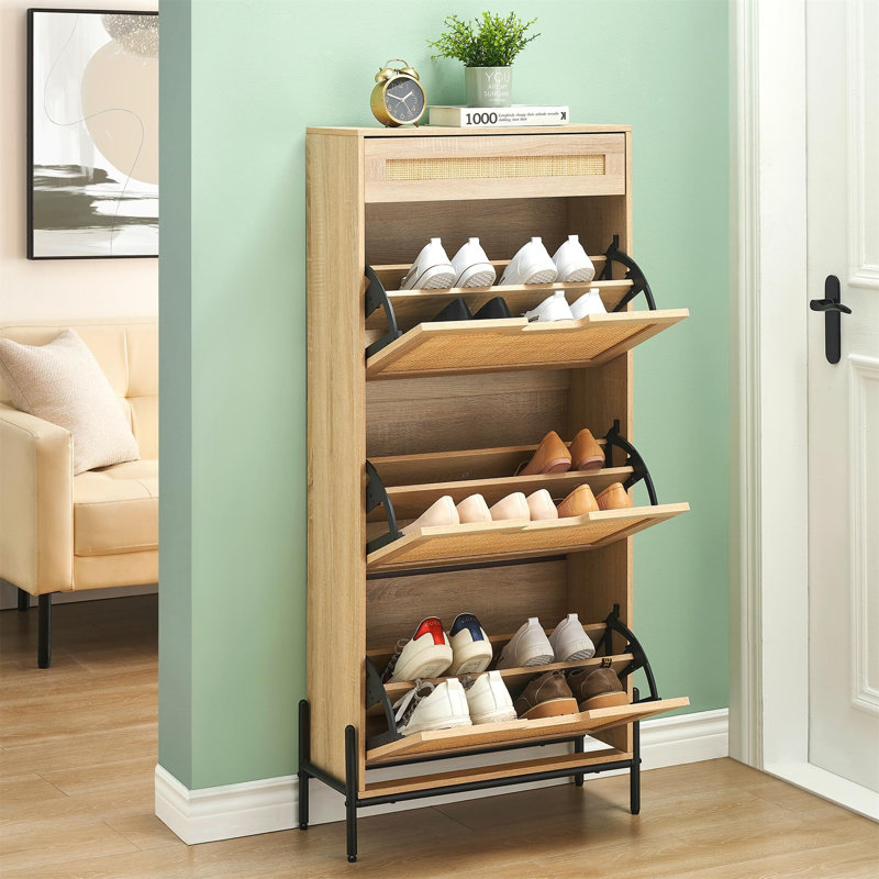 16 Pair Shoe Storage Cabinet, Natural Wood