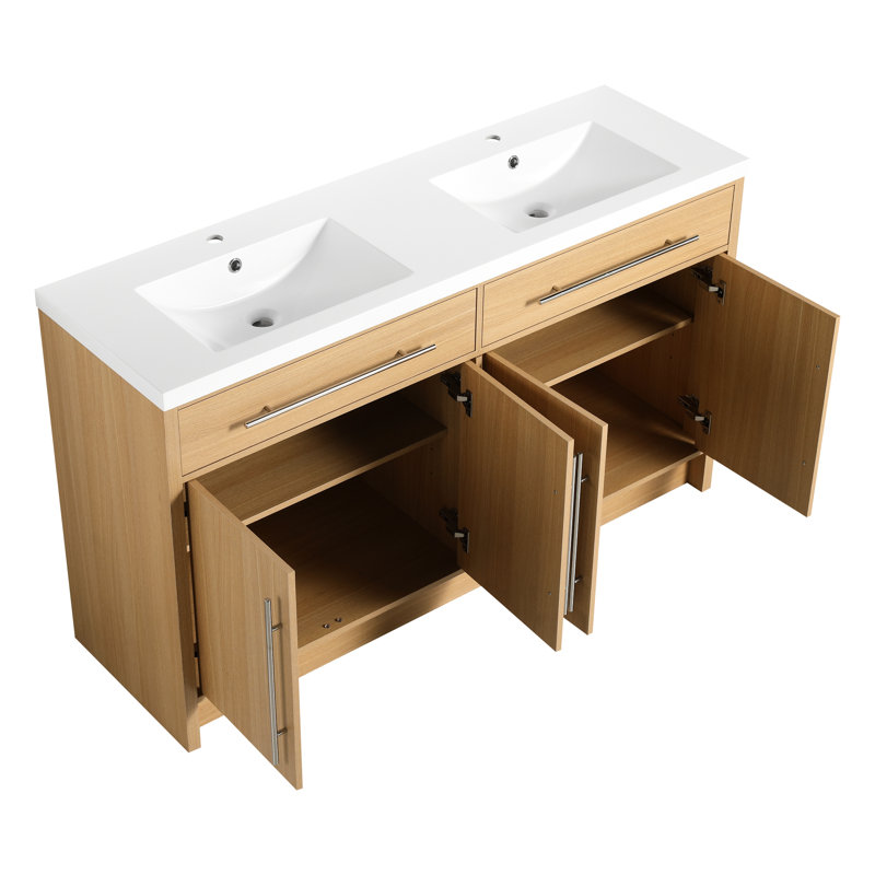 Meuble-lavabo de 60 po avec lavabo double en résine, 4 portes à fermeture douce, contreplaqué de chêne original pour un cadre élégant et confortable