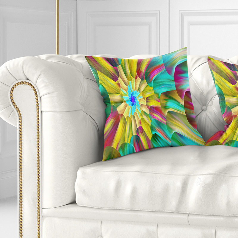 Spectaculaire vitrail avec spirales - coussin imprimé floral, 16 po x 1 po, Coussin décoratif, Bleu sarcelle/jaune