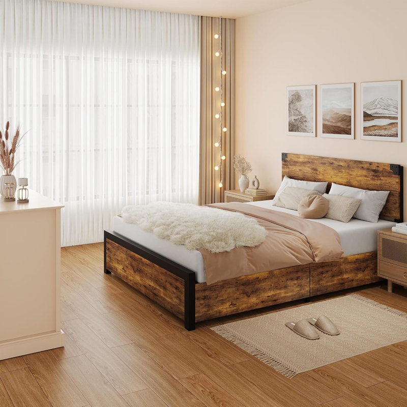 Grand lit rétro - 4 tiroirs, tête de lit en bois, brun