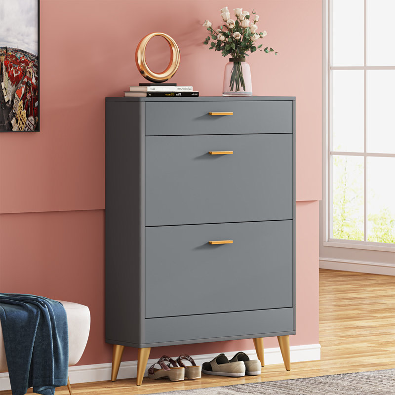 16 Pair Shoe Storage Cabinet, Grey/Gold