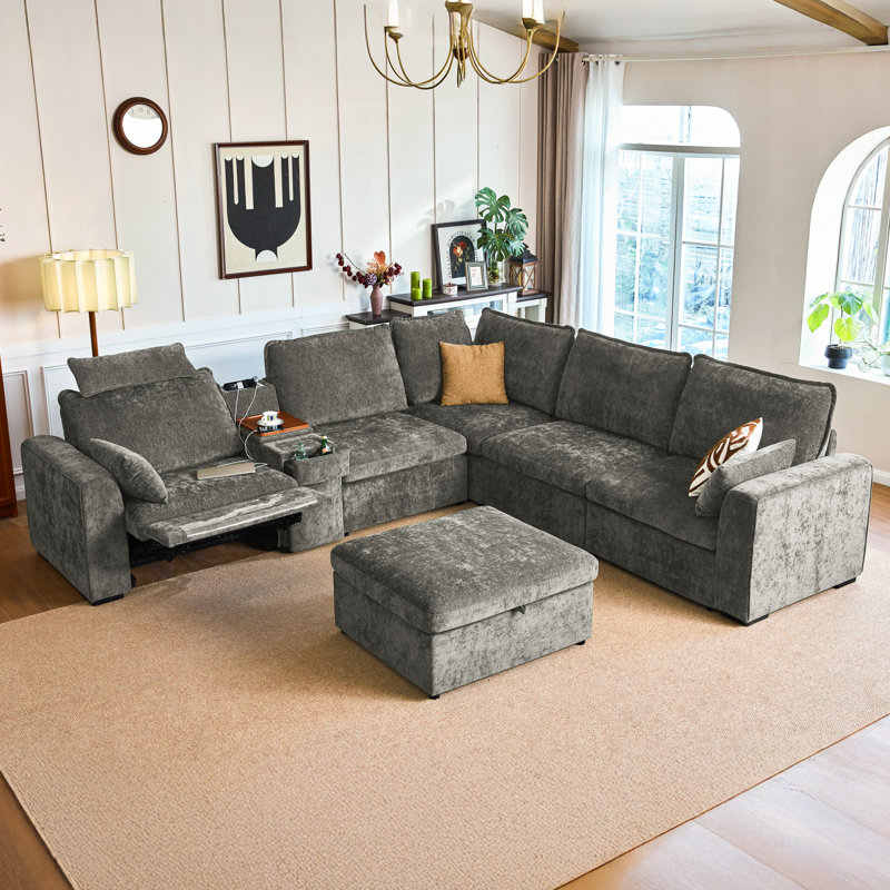 Canapé modulaire surdimensionné à 6 places avec rangement Olar, Gris chenille