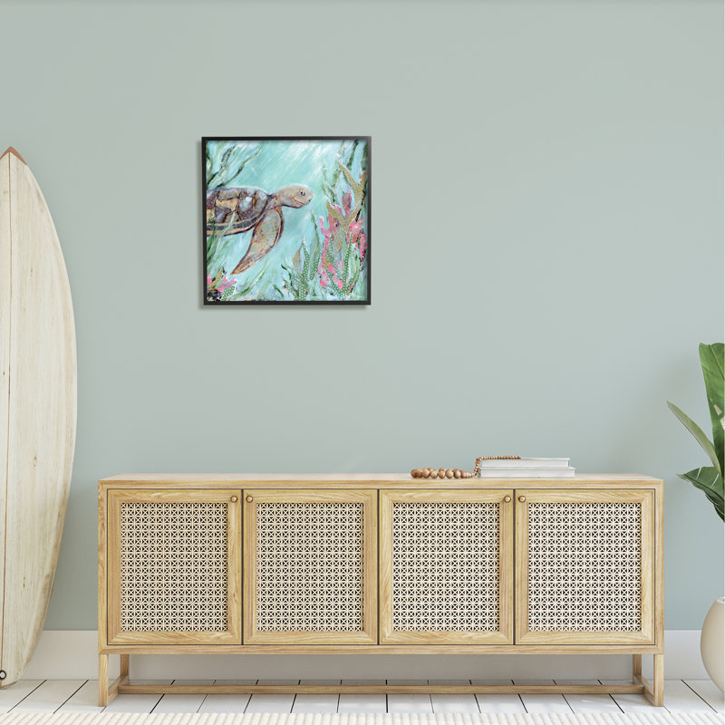 Tortue de mer sous-marine nageant corail par Amanda Hillburn - peinture à cadre flottant sur bois