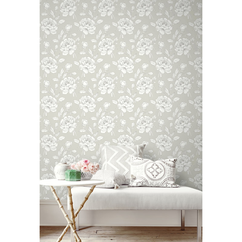 Papier peint floral pivoine, Gris / blanc / argent