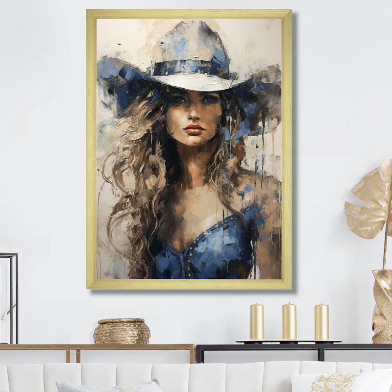 Minimalisme, cow-boy bleu, peinture sur toile, Cadre doré simple, H 40 po x l 30 po x P 1,5 po
