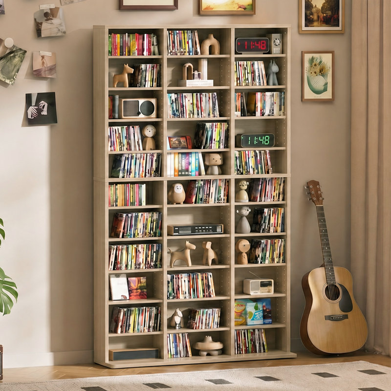Tour multimédia haute de 11 niveaux, armoire de rangement à 33 compartiments avec étagères réglables, couleur naturelle, Brun