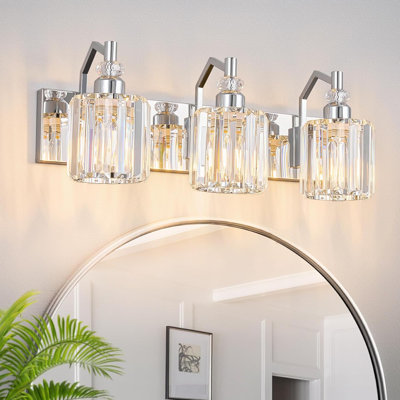 Modern Bathroom Vanity Light With Crystal Shade, 3-Light Fixture For Over Mirror, Moisture-Resistant Design, Compatible With E26 Bulbs