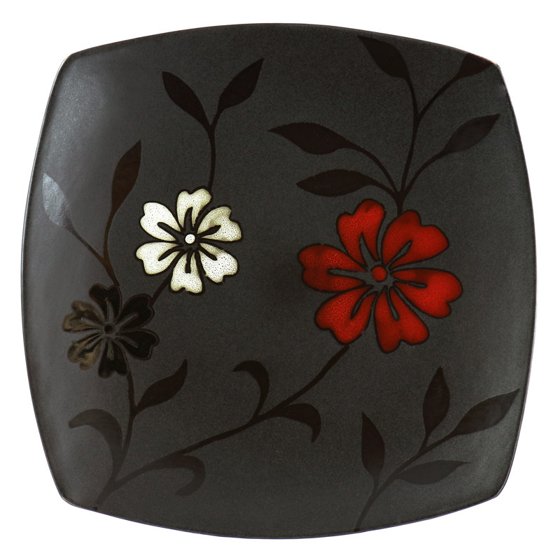 Evening Blossom Black Floral Ceramic Square Dinnerware Set, Service for 4