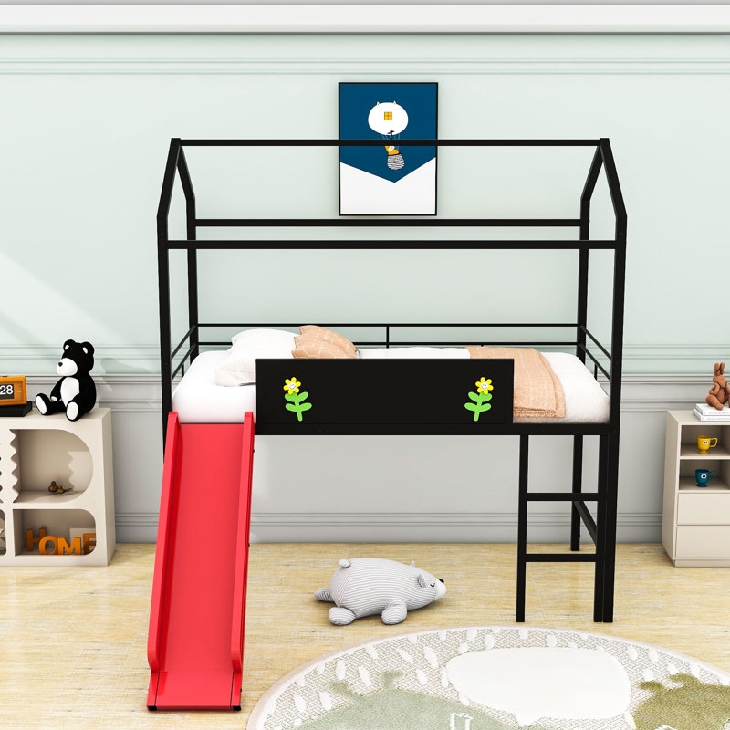 Twin Size Metal Loft Bed With Slide And Writing Board, Black/Red