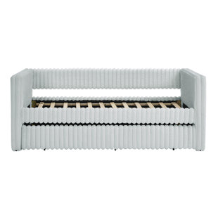 , Upholstered Day Bed Frame With Backrest And Wood Slat Support