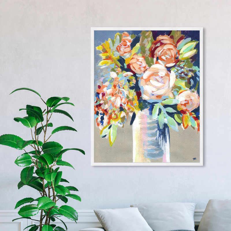 Cadre floral peint à l'orange, H 47 po x l 38 po, Cadre blanc