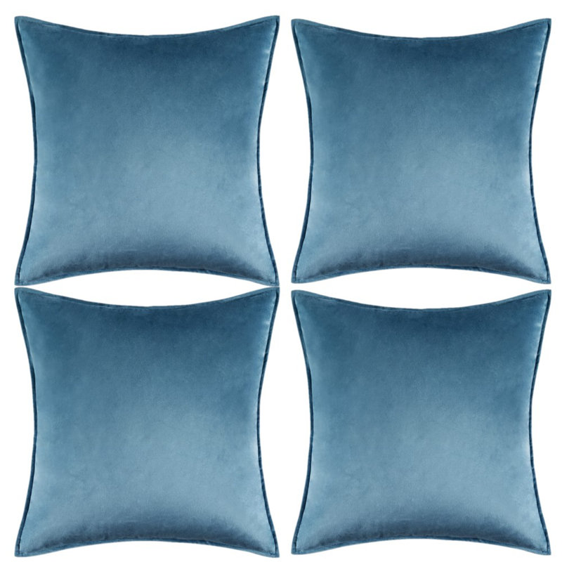 Set Of 4 Throw Velvet Cushion Covers, Water Blue, 16"H x 16"W