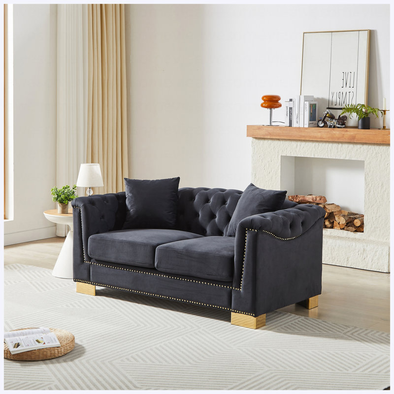 Canapé Chesterfield 62 po 62 po, Velours noir et bleu