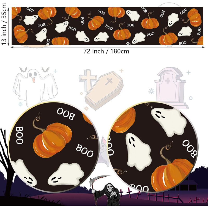 Halloween Table Runner Black, 13 x 72 Inch Painting Ghost Pumpkins Boo Table Runner, Seasonal Fall Holiday Kitchen Dining Polyester Table Line for Home Party Decor