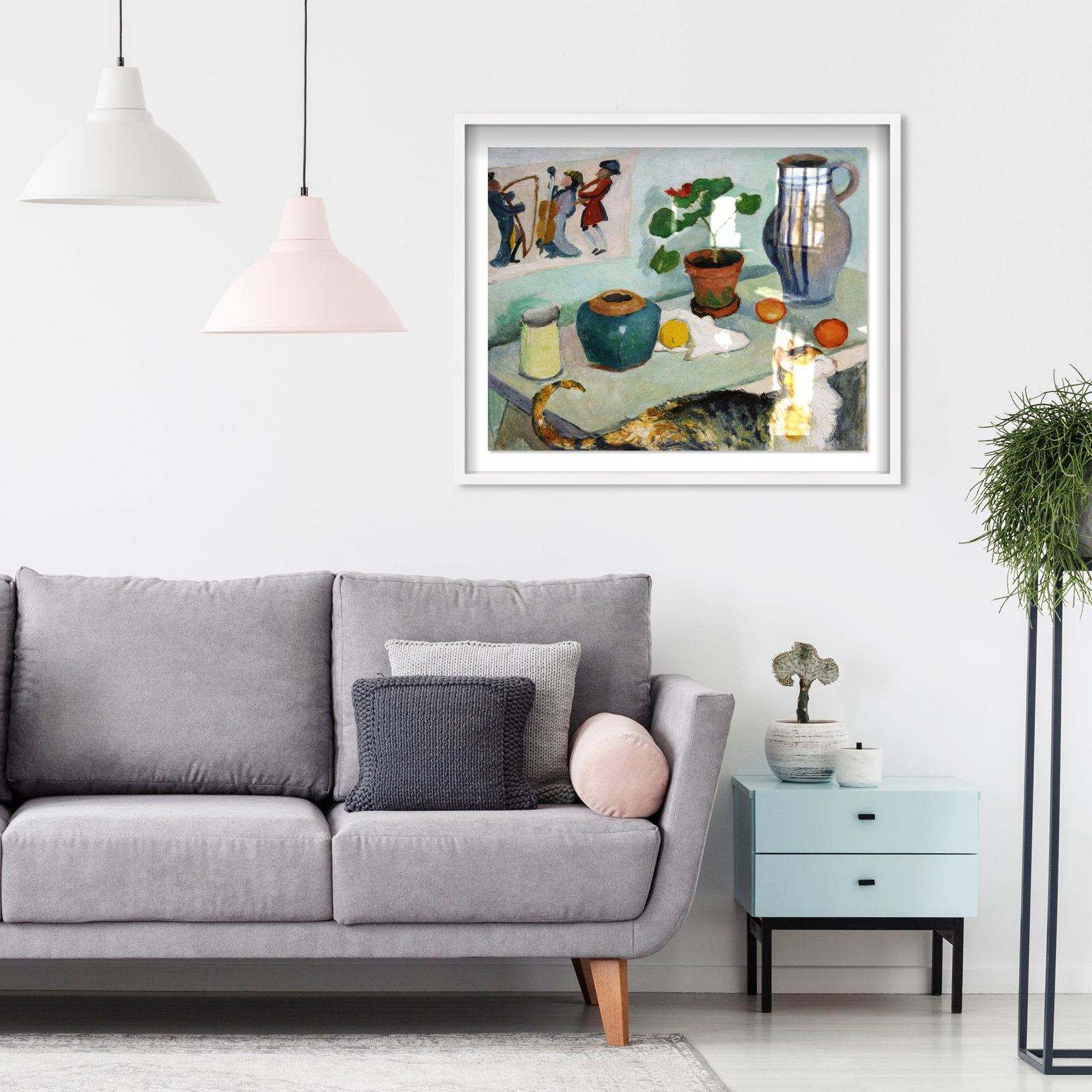 August Mackes Still Life With A Cat Art, White Framed, 25" H x 31" W x 0.5" D