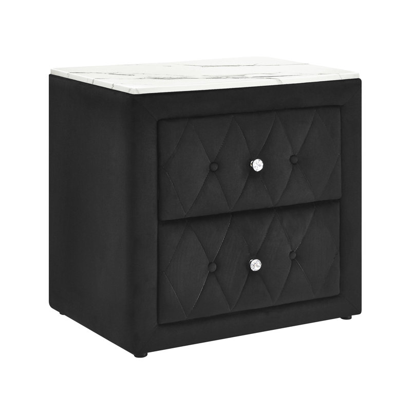 Table de chevet rectangulaire moderne 1pc avec plateau en faux marbre, revêtement en tissu à boutons et deux tiroirs pour la mode de chambre à coucher avec design et surface