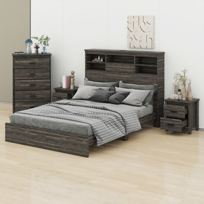 Ensemble de chambre à coucher en bois 4PCS, cadre de lit avec tête de rangement et station de charge USB, 2 tables de chevet + 1 organisateur de commode