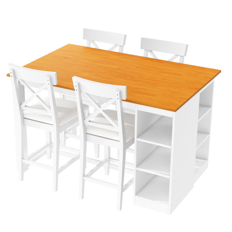 Table de salle à manger blanche avec 3 rangements, table à hauteur de comptoir et chaises à dossier croisé, bois massif pour un look sophistiqué, blanc, option polyvalente