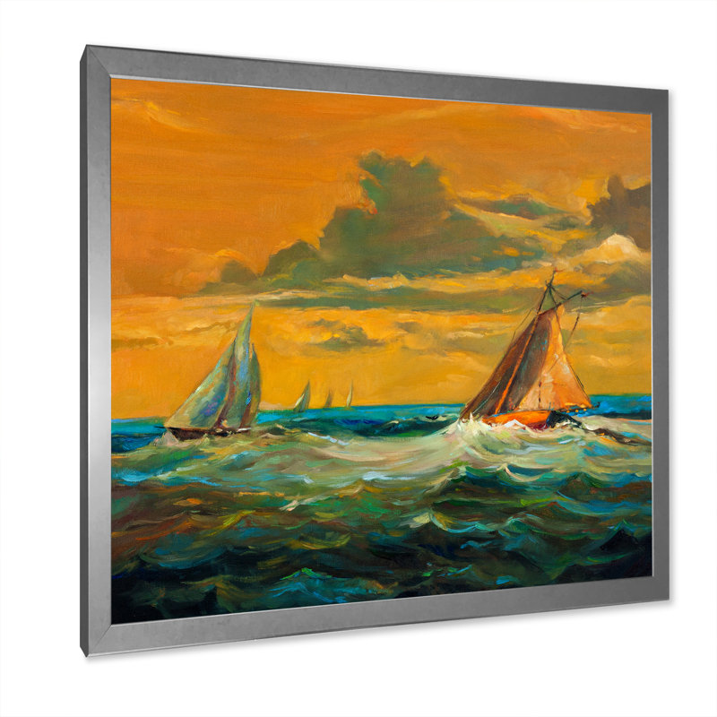 Paysage de voiliers jaunes et verts - Décoration murale en toile nautique et côtière, H 36 po x l 36 po x P 1,5 po